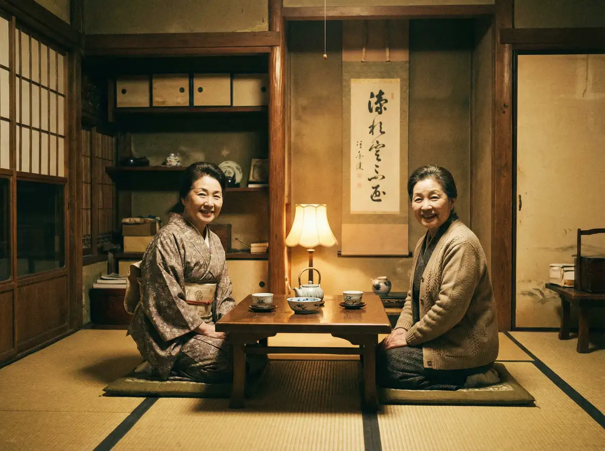 两位优雅的 禁18 在日式茶室中品茶交谈